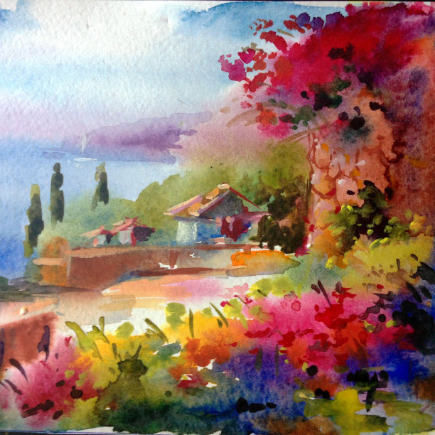 水彩色彩鲜艳，纹理鲜明，抽象背景手工制作。地中海风景。描绘海岸的建筑和植被。田园生活图片下载