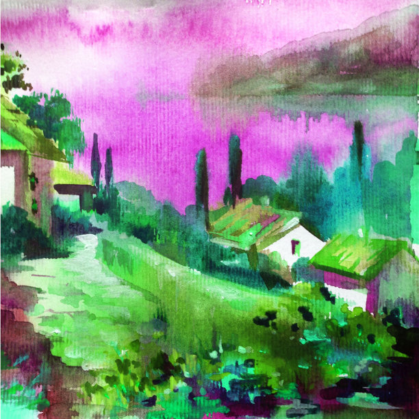 水彩色彩鲜艳，纹理鲜明，抽象背景手工制作。地中海风景。描绘海岸的建筑和植被。田园生活图片下载