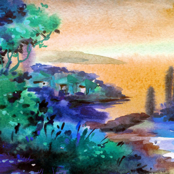 水彩色彩鲜艳，纹理鲜明，抽象背景手工制作。地中海风景。描绘海岸的建筑和植被。田园生活图片下载