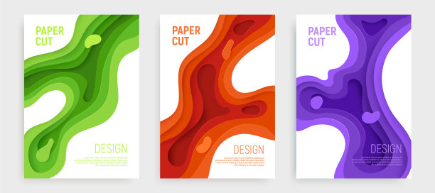 剪纸旗帜设置3D泥抽象背景和绿色，橙色，紫色波浪层。宣传册和宣传单的抽象布局设计。纸艺术矢量图图片下载