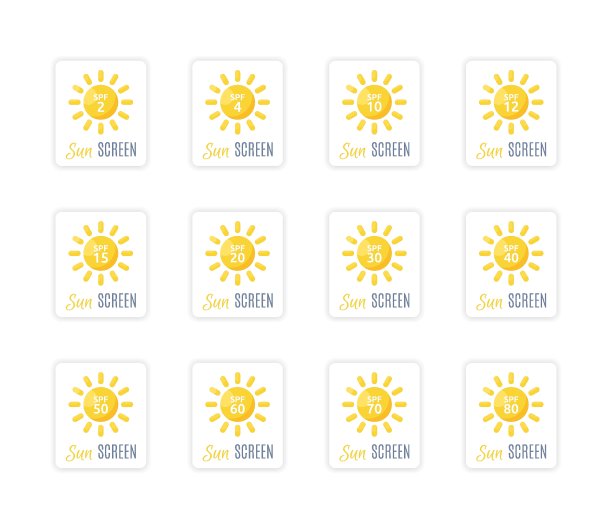 防晒标签有不同的防晒系数。防晒矢量图标，标签图片下载