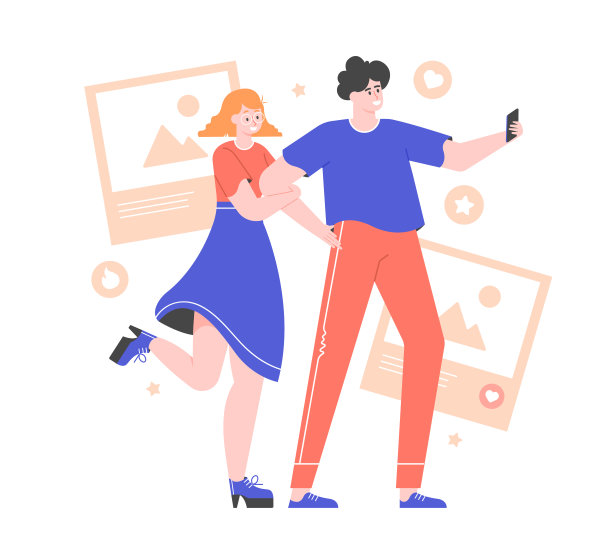 一对年轻情侣用智能手机自拍。影响营销，博客和社交网络。一个男孩和一个女孩在约会拍摄故事。矢量平面插图与字符。图片下载