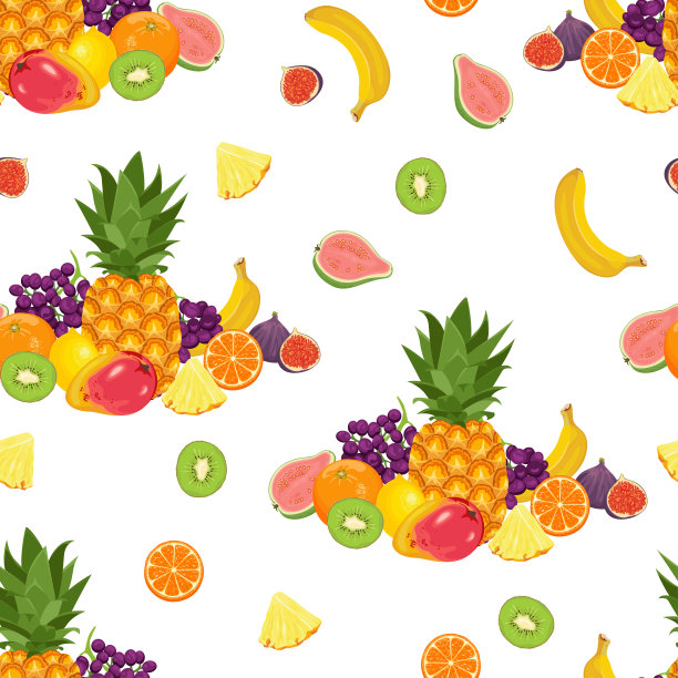 无缝模式与不同的热带水果。矢量插图的菠萝，香蕉，橙子，芒果，葡萄，猕猴桃，柠檬，番石榴和无花果卡通扁平风格。有机食品的背景。图片下载