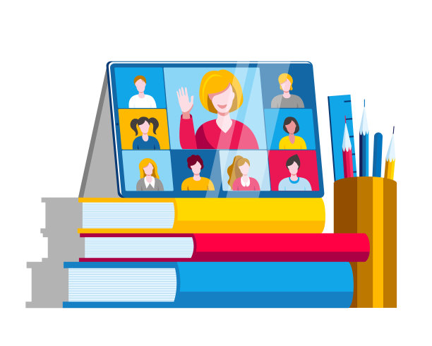 一台可以在线聊天的平板电脑放在一堆书的上面。图片下载