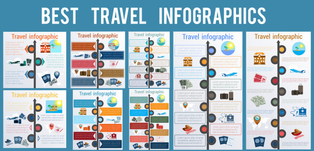旅游和旅游概念信息图表。设置模板3 4 5 6 7 8 9 10个位置。高速公路，护照，签证印章，卡片，点，注射器，医疗套装，美元，手提箱，机票，飞机，酒店，岛屿，棕榈，大海，太阳，天空图片下载