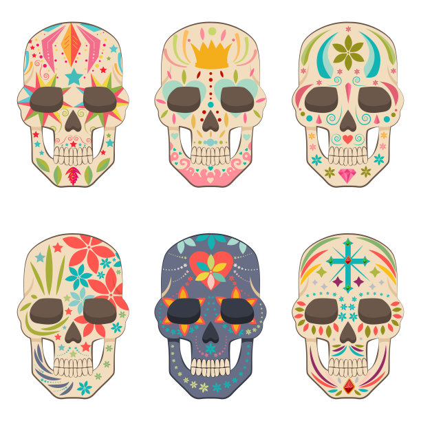 墨西哥糖头骨矢量平面图标设置。设计元素的节日亡灵节，万圣节，派对和纹身孤立在白色的背景。图片下载