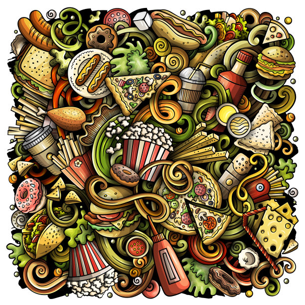 手绘快餐矢量涂鸦插画：快餐海报设计图片下载