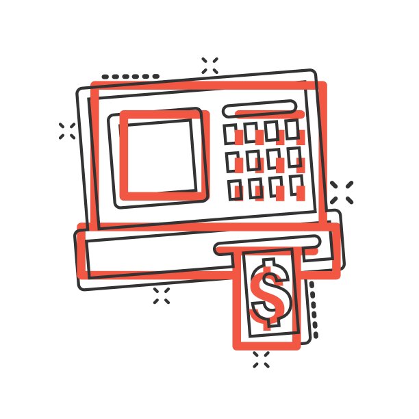 卡通风格的收银机图标。检查机器卡通矢量图上的白色孤立的背景。支付飞溅效应的经营理念。图片下载