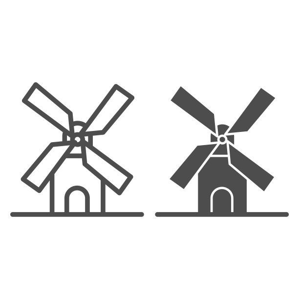 轧机线和固体图标，面包房概念，风车标志在白色背景，小麦工厂图标轮廓风格的移动概念和网页设计。矢量图形。图片下载