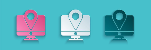 剪纸电脑显示器和折叠地图与位置标记图标孤立在蓝色背景。纸艺术风格。矢量图图片下载