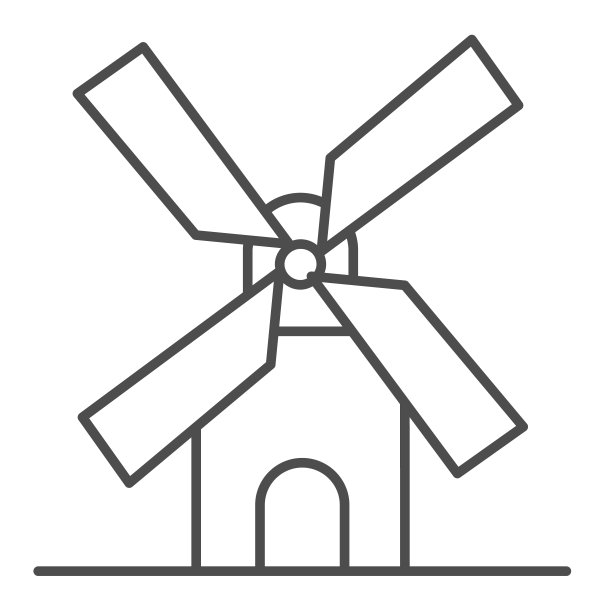 磨坊细线图标，面包房概念，风车标志在白色背景，小麦工厂图标轮廓风格的移动概念和网页设计。矢量图形。图片下载