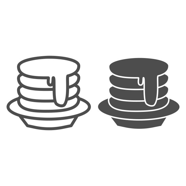 早餐煎饼与糖浆和黄油在盘子线和固体图标，面包房概念，美国早餐标志在白色的背景，煎饼图标的轮廓风格的移动和网络。矢量图形。图片下载