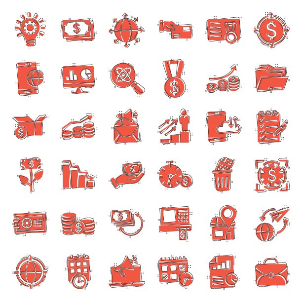 商业图标设置在漫画风格。赚钱卡通矢量插图在白色孤立的背景。媒体互联网喷溅效应的经营理念。图片下载