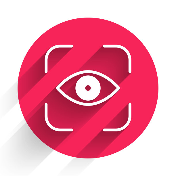 白眼扫描图标孤立与长阴影。扫描的眼睛。安全检查的象征。网络标志。红色圆圈按钮。矢量图图片下载