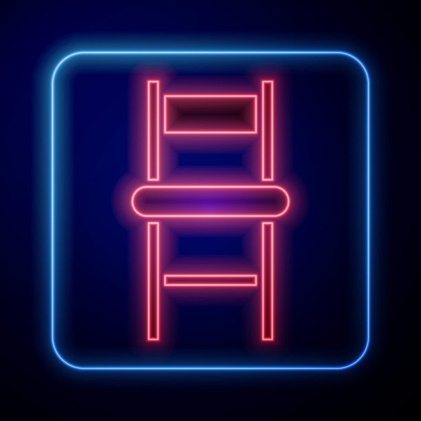 发光的霓虹灯椅子图标孤立在蓝色背景。矢量图素材图片