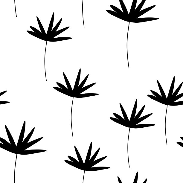 花无缝图案与黑色的树枝剪影在白色的背景。用热带叶子装饰。矢量插图织物，纺织品，海报，纸。时尚印花。涂鸦风格。图片下载