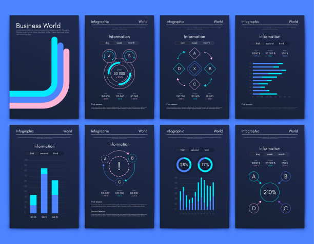 商业手册的现代信息图表向量元素。用于网站，公司宣传册，广告和市场营销。饼图，折线图，条形图和时间线。图片下载
