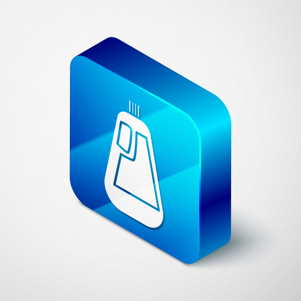 等距塑料瓶液体洗衣粉，漂白剂，洗碗液图标孤立在灰色背景。蓝色方块按钮。矢量图图片下载