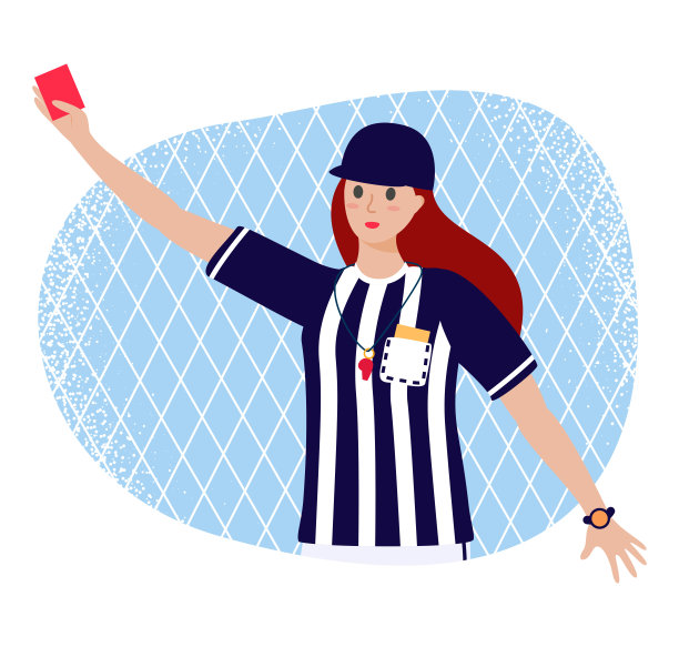 卡通扁女孩裁判在裁判制服与红牌在手-矢量股票插图孤立在白色的背景。图片下载