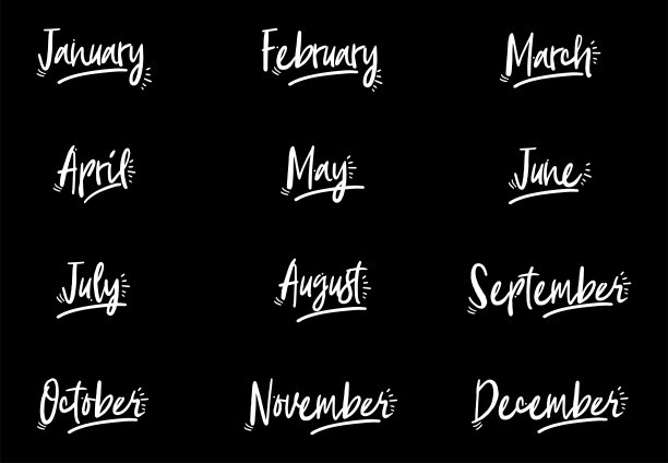 12个月。手写的字母，一年中的月份。图片下载