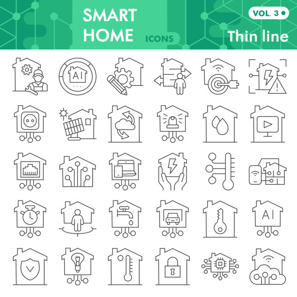 智能家居细线图标集、智能家居符号集或矢量草图集。家用科技标识为电脑网页设置，线性象形文字孤立在白色背景上，eps 10。图片下载