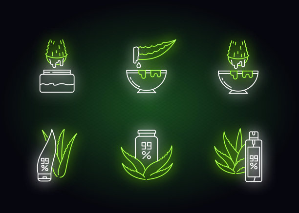 芦荟薇拉霓虹灯图标集。草药汁。纯有机乳液。来自植物的治疗液体。天然的化妆品。具有外部发光效果的符号。矢量隔离RGB彩色插图图片下载