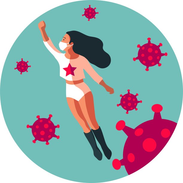 圆形图标，女超人穿着护士服和抗菌口罩，在蓝色背景的冠状病毒红色细菌中飞行图片下载