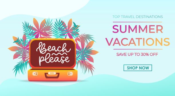 为旅行社设计的时尚夏日度假横幅设计，带有热带树叶、旅行箱和刻有“海滩，请”字样。旅行横幅宣传。夏天矢量插图图片下载