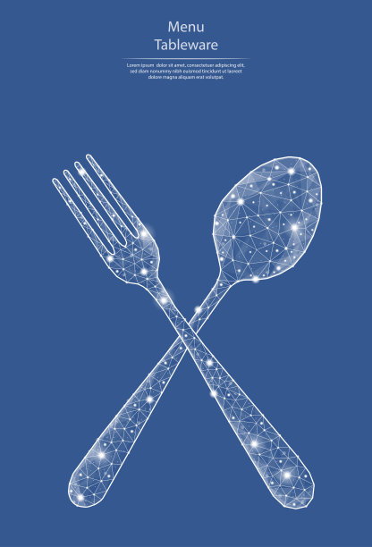 低聚矢量勺子和叉子的线条和点的形式，由三角形和几何形状组成。三维多边形空间。菜单或餐厅业务。厨房电器。图片下载
