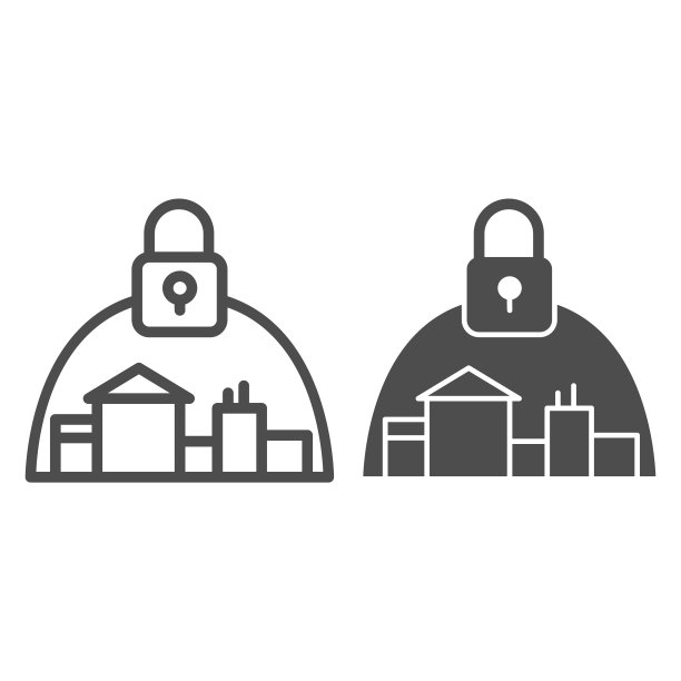 城镇和挂锁线和实心图标、冠状病毒疫情概念、城市因病毒封锁标志上白底、隔离保护冠状病毒疾病图标、大纲。向量。图片下载