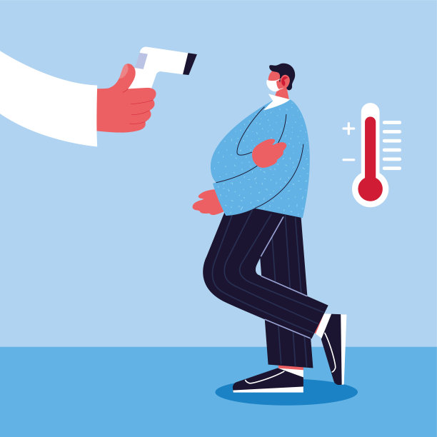 医生测量一个戴医用口罩的人的体温，预防冠状病毒图片下载