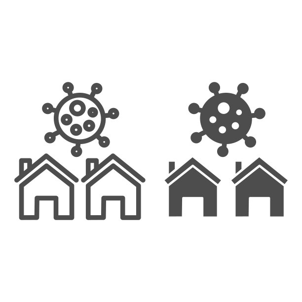 两幢建筑和冠状病毒细胞株和实体图标，冠状病毒意识概念，居家自我隔离标志白色背景，居家安全标志轮廓风格。矢量图形。图片下载