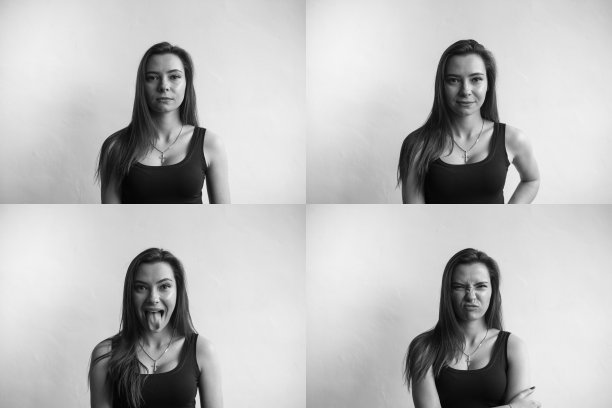 一套黑白照片的年轻女子的肖像与不同的情绪。年轻美丽可爱的女孩表现出不同的情绪。大笑，微笑，愤怒，怀疑，恐惧，惊讶。图片下载