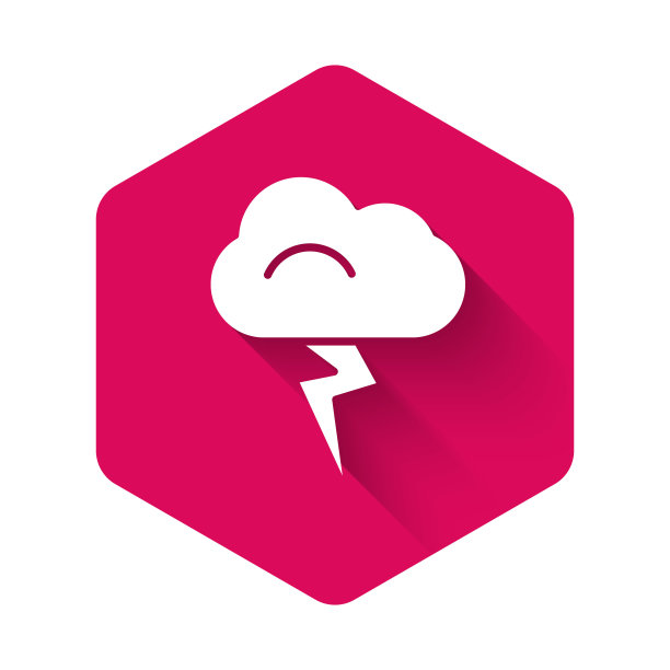 白色风暴图标孤立与长影子。云和闪电的标志。风暴的天气图标。粉红色的六角按钮。矢量图图片下载