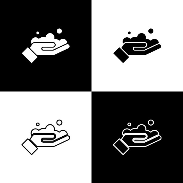 在黑白背景上设置洗手图标。用肥皂洗手可以预防病毒和细菌。矢量图图片下载
