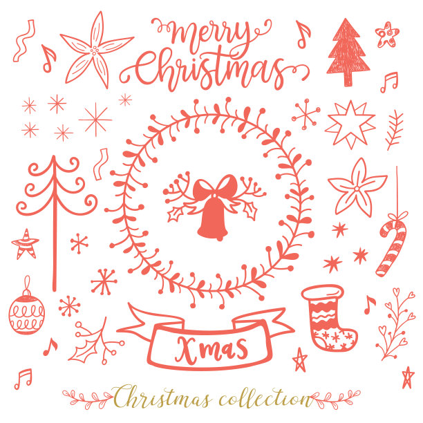 圣诞收藏，冬季假期卡片，礼物标签，邀请，剪贴簿，照片叠加矢量设计涂鸦元素图片下载