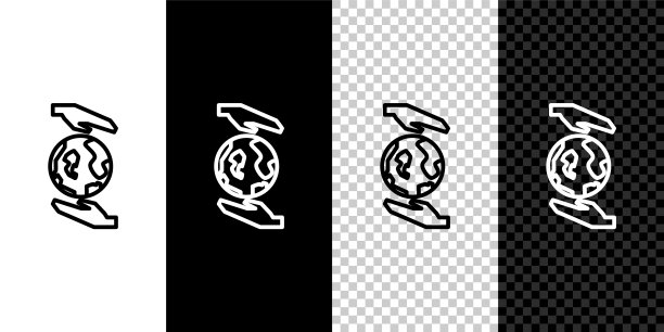 设定线手握地球仪图标孤立在黑白背景上。拯救地球的概念。矢量图图片下载