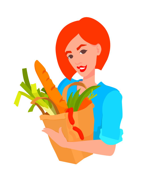 一个女人拿着一个装着食品杂货的纸袋。一个买家带着一包健康的新鲜蔬菜，面包，香肠。图片下载