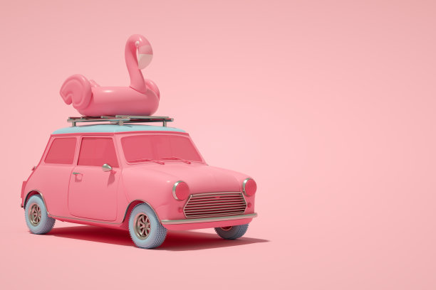 最小的夏季和旅游概念，3D汽车和充气火烈鸟图片下载