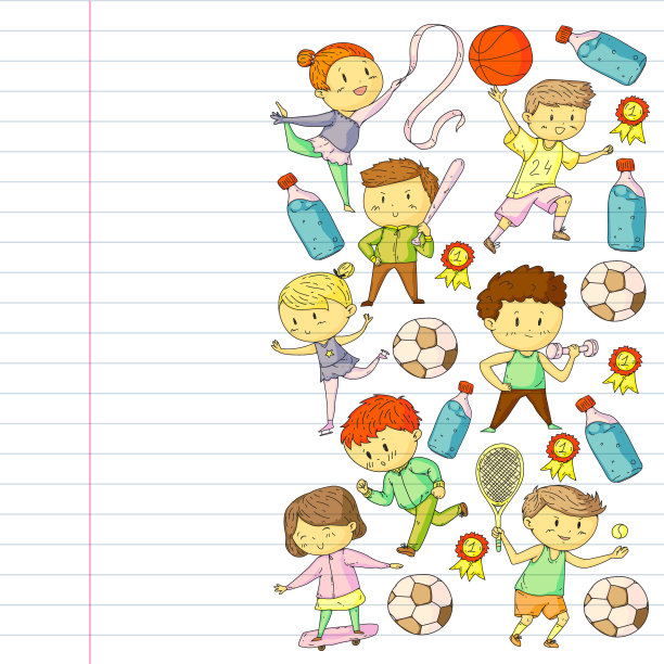 儿童和运动。矢量插图的活动。足球，足球，跑步，跳舞，武术。学校和幼儿园的保健。图片下载