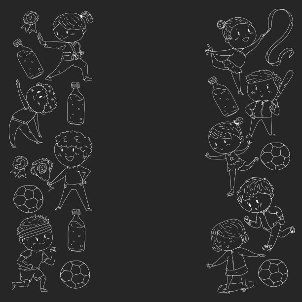 儿童和运动。矢量插图的活动。足球，足球，跑步，跳舞，武术。学校和幼儿园的保健。图片下载