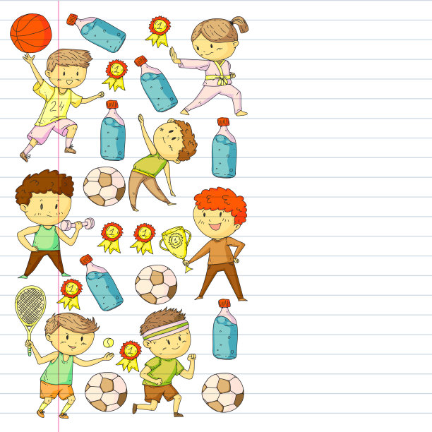 儿童和运动。矢量插图的活动。足球，足球，跑步，跳舞，武术。学校和幼儿园的保健。图片下载