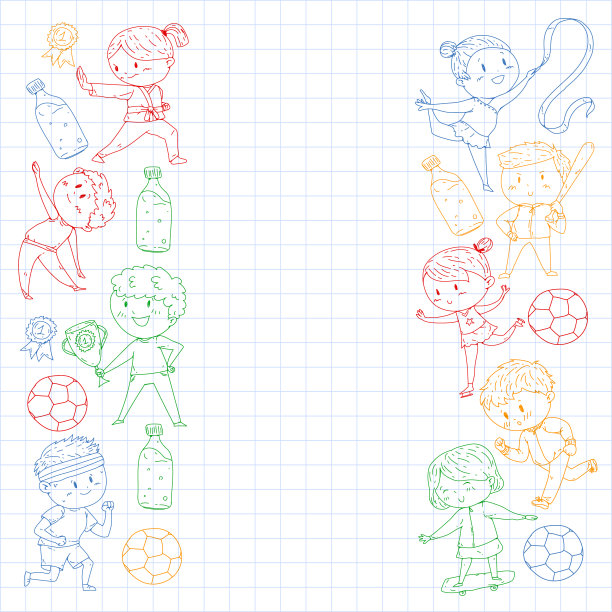 儿童和运动。矢量插图的活动。足球，足球，跑步，跳舞，武术。学校和幼儿园的保健。图片下载