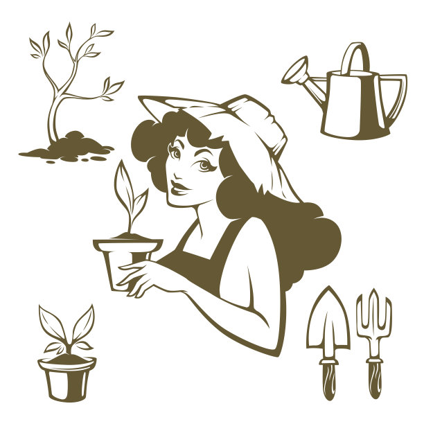 我的花园，园艺工具和漂亮的农家女孩肖像作为你的标志，标签，徽章图片下载