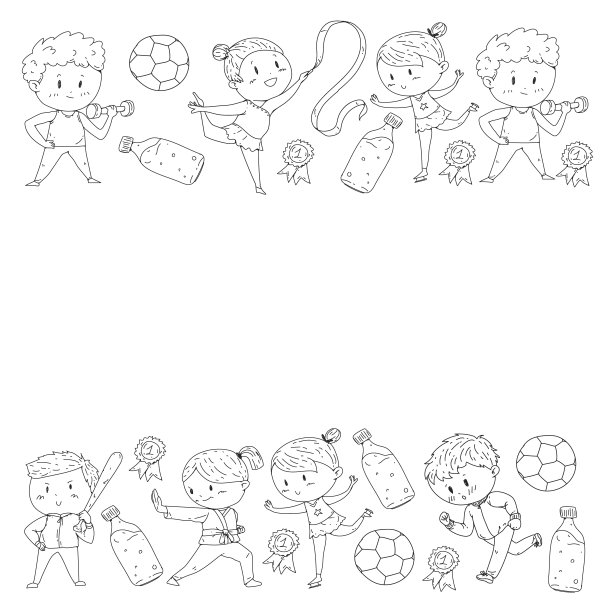 儿童和运动。矢量插图的活动。足球，足球，跑步，跳舞，武术。学校和幼儿园的保健。图片下载