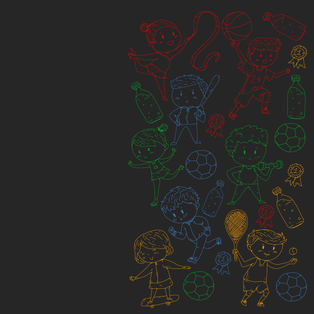 儿童和运动。矢量插图的活动。足球，足球，跑步，跳舞，武术。学校和幼儿园的保健。图片下载