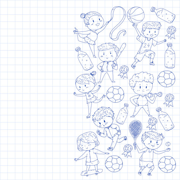 儿童和运动。矢量插图的活动。足球，足球，跑步，跳舞，武术。学校和幼儿园的保健。图片下载