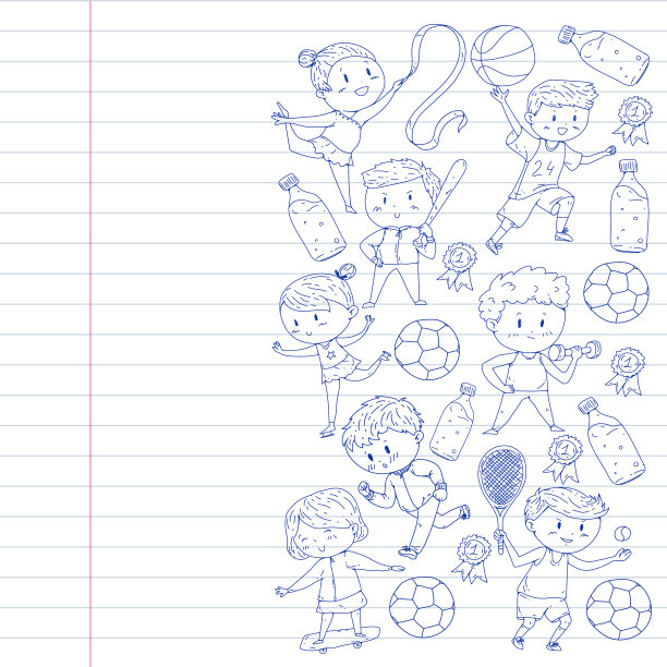 儿童和运动。矢量插图的活动。足球，足球，跑步，跳舞，武术。学校和幼儿园的保健。图片下载