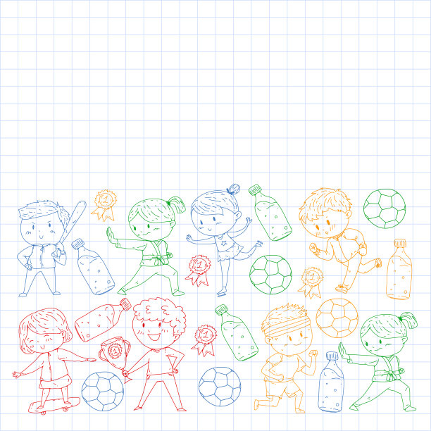 儿童和运动。矢量插图的活动。足球，足球，跑步，跳舞，武术。学校和幼儿园的保健。图片下载