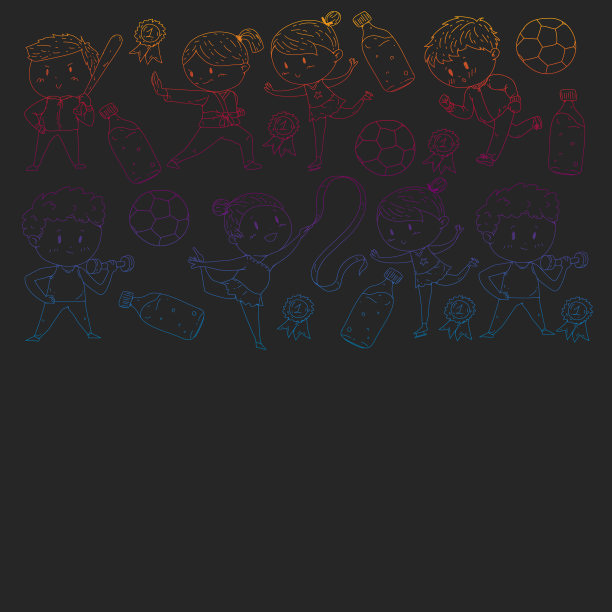 儿童和运动。矢量插图的活动。足球，足球，跑步，跳舞，武术。学校和幼儿园的保健。图片下载